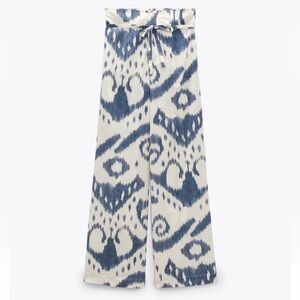 NWOT ZARA Wide Leg High Waist Pants Tie Waist 100% Cotton Blue Cream Pattern XS
